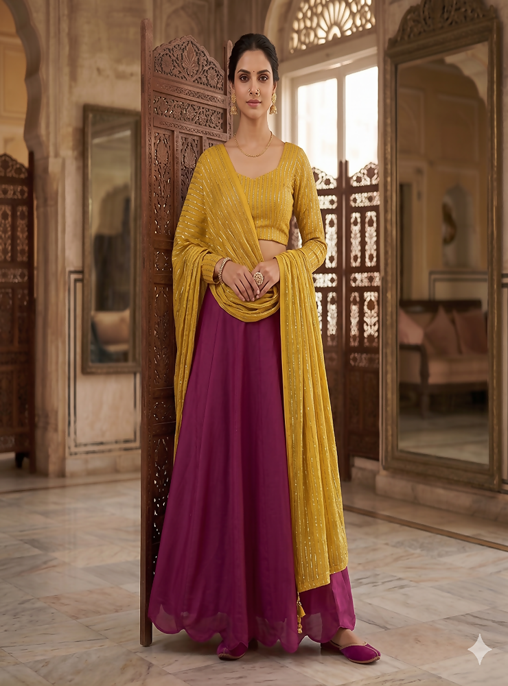 Teeya Creation Women's New Wine Designer Lehenga Choli Set with Sequin Embroidery Work - Dista