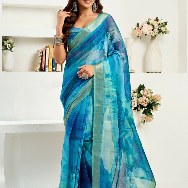 Vastranavya Aqua Blue Digital Printed Linen Ready To Wear Designer Saree with Unstitched Blouse - Distacart
