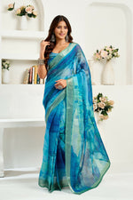 Thumbnail for Vastranavya Aqua Blue Digital Printed Linen Ready To Wear Designer Saree with Unstitched Blouse - Distacart