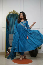 Thumbnail for The52 Petrol Women's Beautiful Parampara Fabric Embroidered Work Flared Kurta Pant and Dupatta Set - Distacart