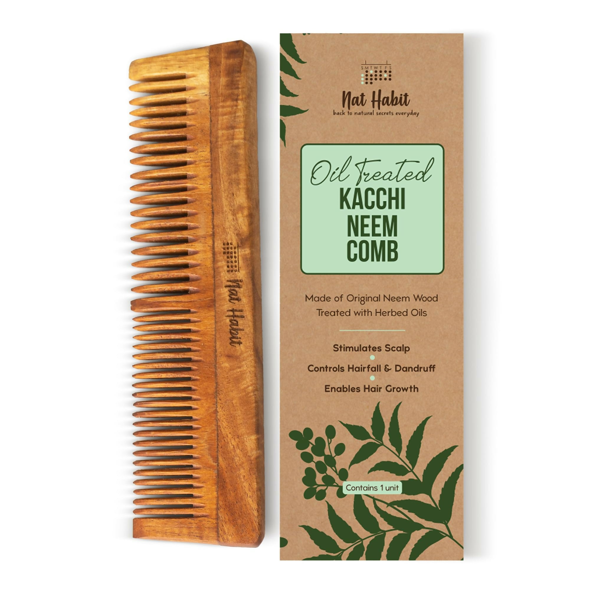 Nat Habit Kacchi Neem Wooden Comb - Soaked In 13 Herbs, Neem & Sesame Oil For Multi-Actions - Distacart