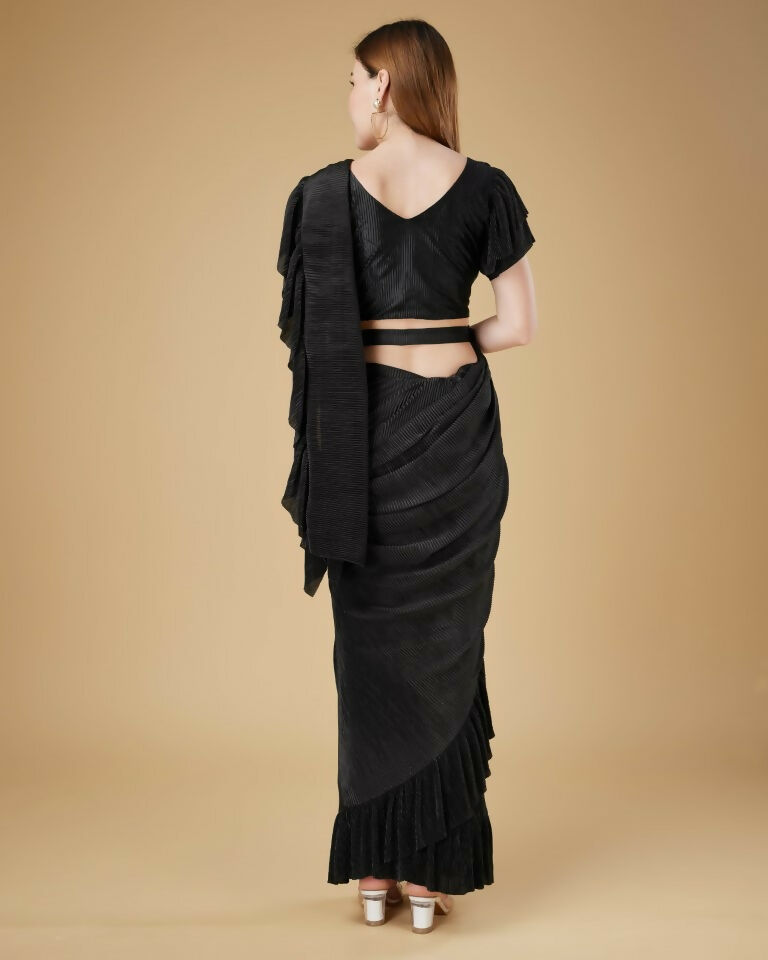 Black Imported Crush Solid Ready to Wear Saree with stitched Blouse - Aayan - Distacart