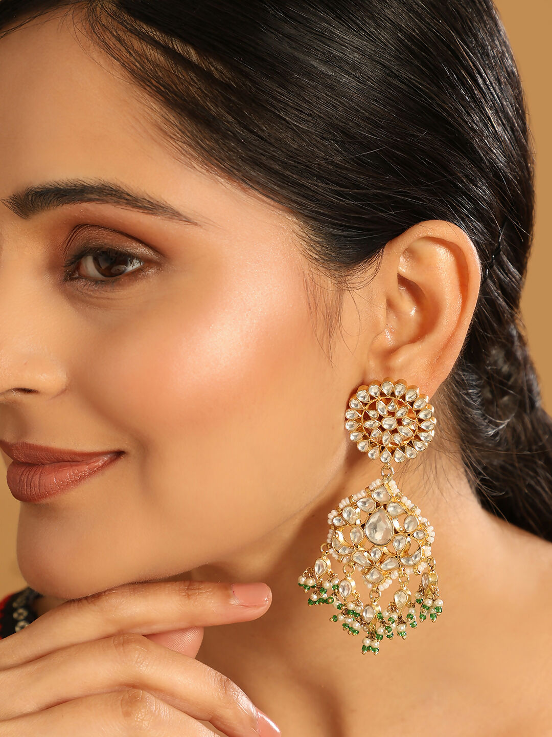 Nuyug 22K Gold Plated Traditional Kundan Studded Contemporary Dangler Earrings with Pearl and Green Bead Accents