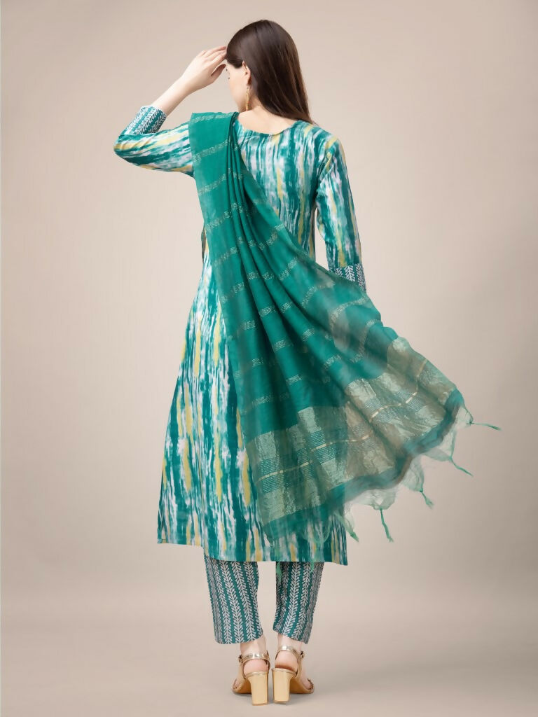Jyoti Fashion Women's Teal Rayon Print with Embroidery & Fancy Lace Work Kurta with Trouser & Dupatta - Distacart