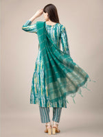 Thumbnail for Jyoti Fashion Women's Teal Rayon Print with Embroidery & Fancy Lace Work Kurta with Trouser & Dupatta - Distacart
