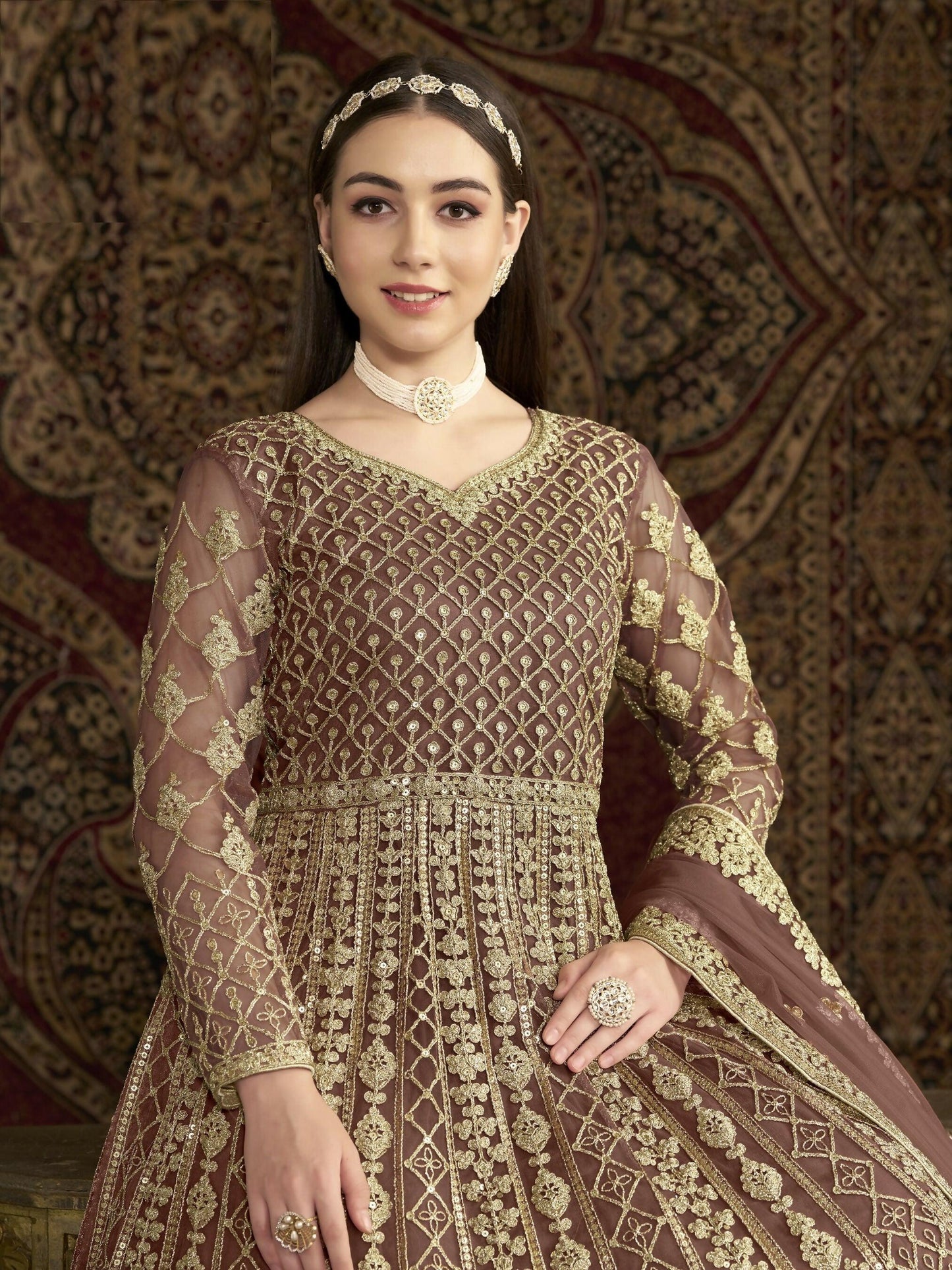 Anaita Coffee Embroidered Net Anarkali Suit - Distacart