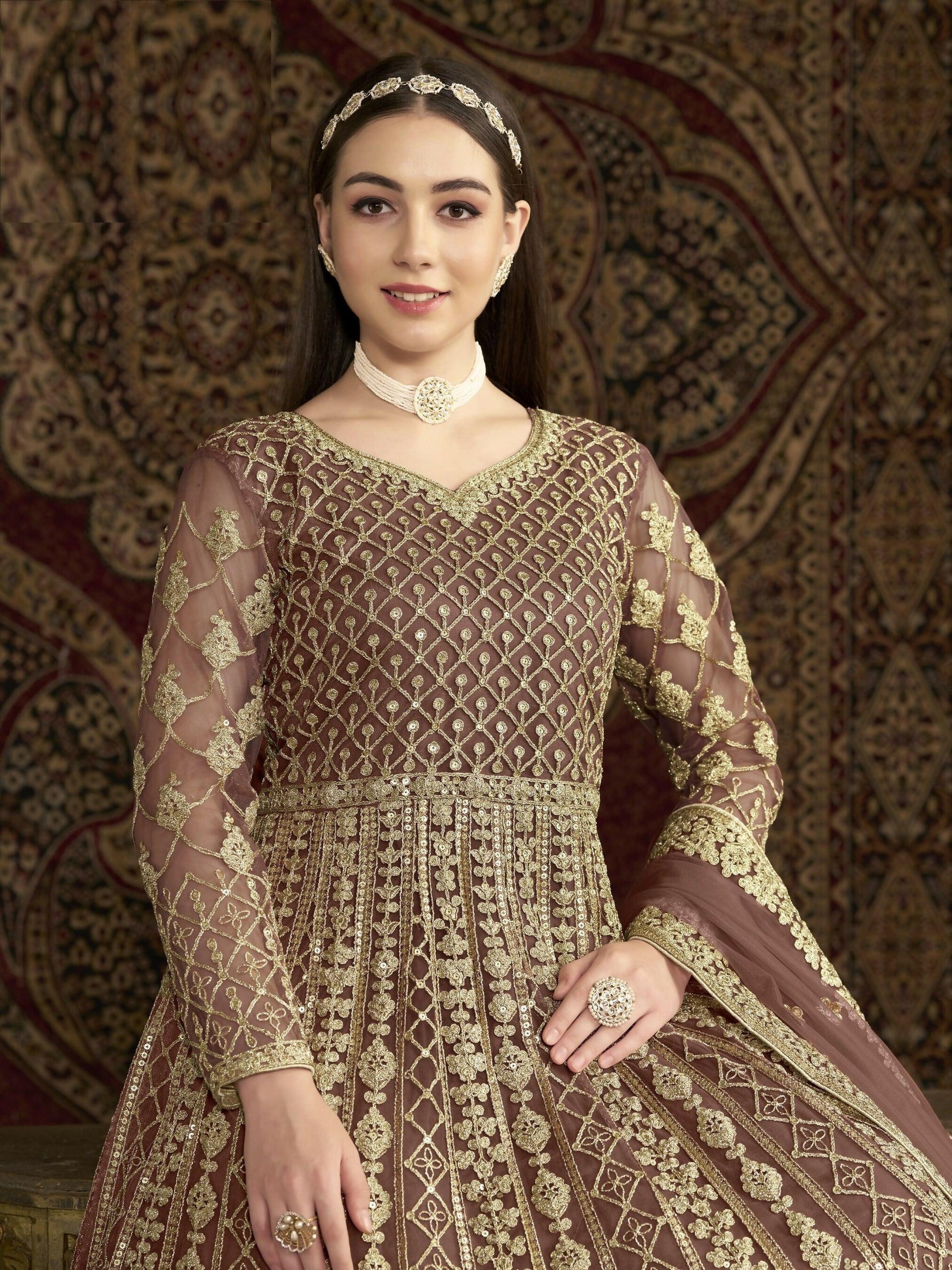 Anaita Coffee Embroidered Net Anarkali Suit - Distacart