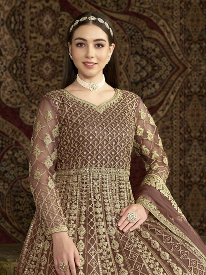 Anaita Coffee Embroidered Net Anarkali Suit - Distacart