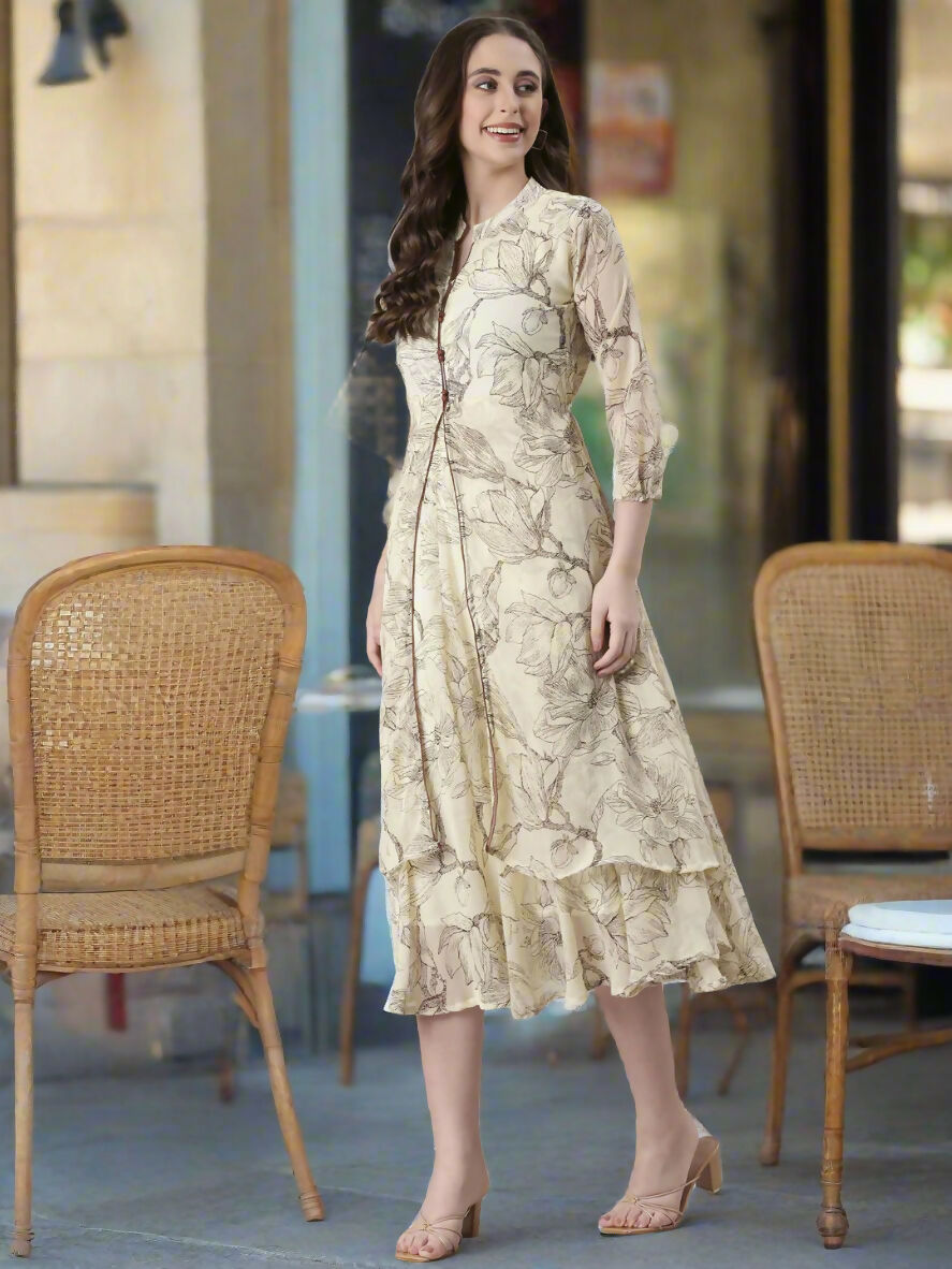 Souchii Floral Tiered Midi Dress For Women – Elegant Beige Button-Front A-Line
