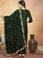 Thumbnail for Aastha Fashion Women's Green Velvet Cording with Resham Thread & Sequin Kurta with Trouser & Dupatta - Distacart