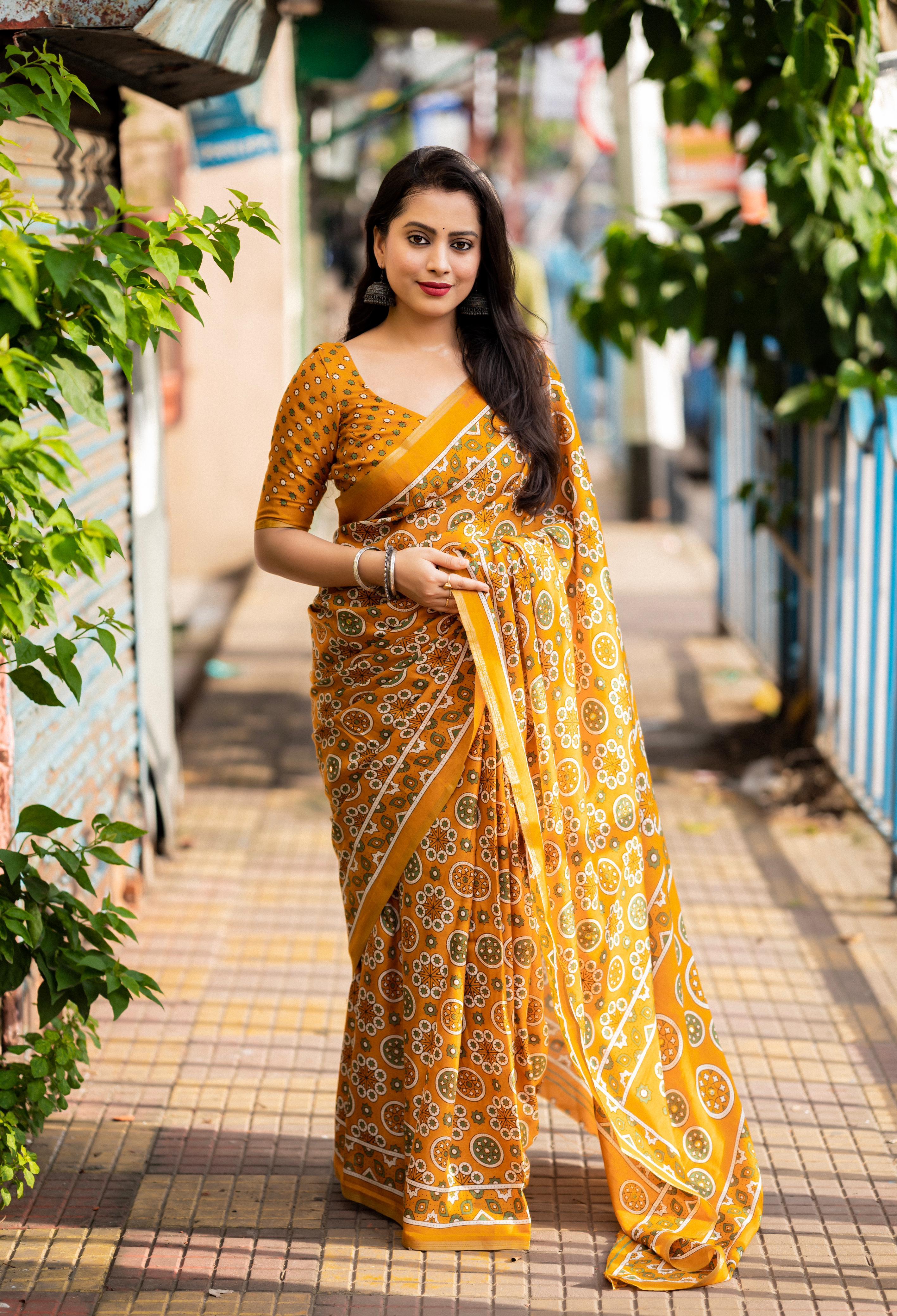 Mustard Cotton Blend Ajrak Saree with Unstitched Blouse - A2M - Distacart