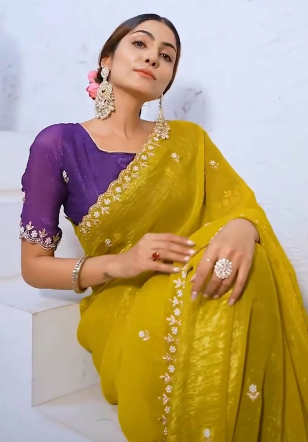 Divine Drape Jimmy Choo Handwork & Embroidery Saree With Unstitched Blouse Piece - Yellow