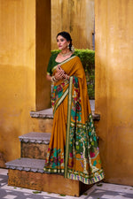 Thumbnail for Vastranavya Mustard Viscose Chanderi Kalamkari Print with Zari Working Saree & Unstitched Blouse - Distacart
