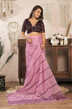 Thumbnail for Joban Fashion Coral Pink Paisley & Geomatric Linen Ready To Wear Saree With Unstitched Blouse - Distacart