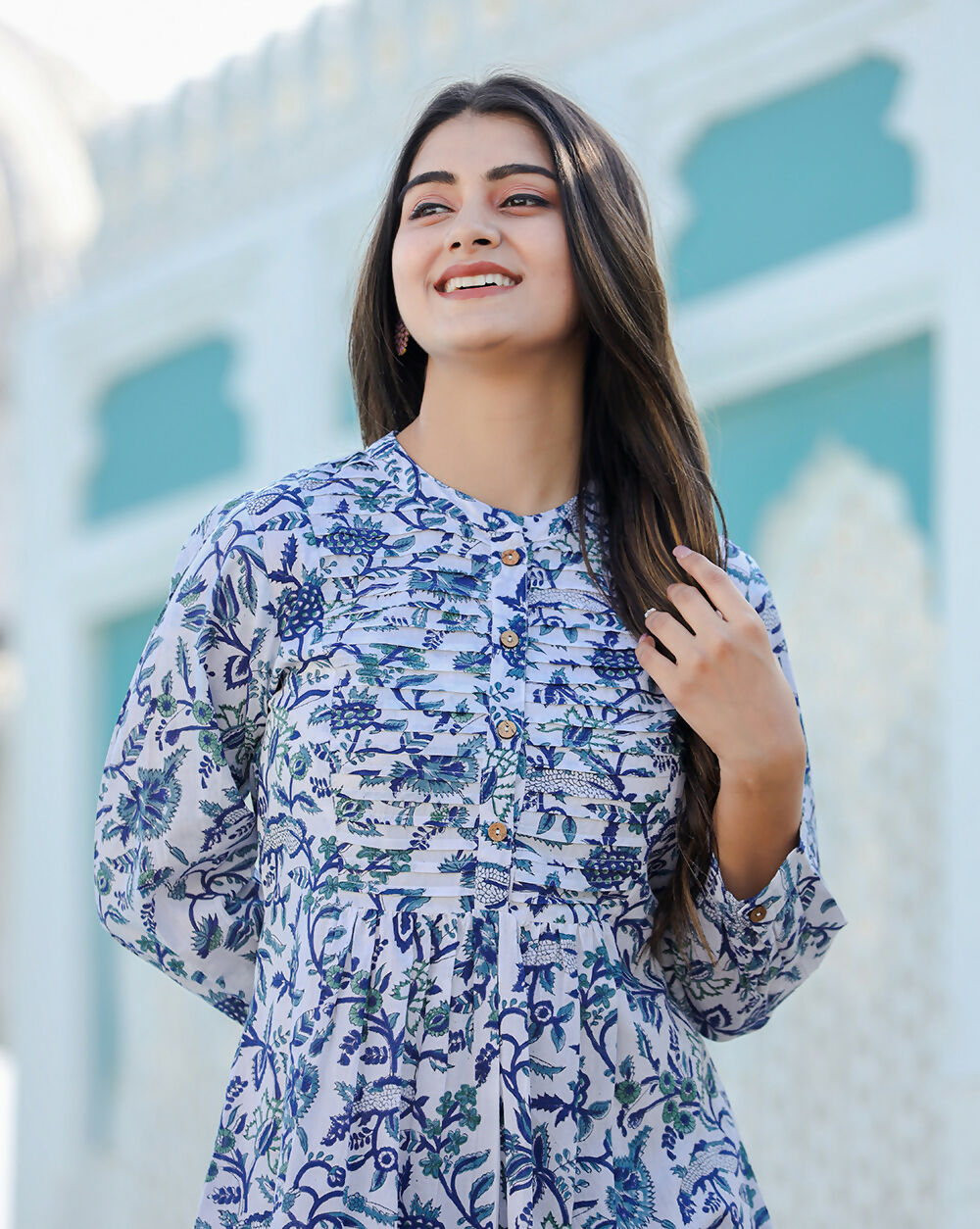 Kaajh Women's White-Blue Hand Block Printed Cotton Top - Distacart