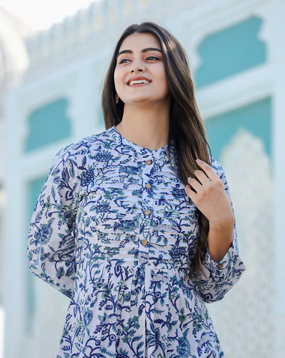 Kaajh Women's White-Blue Hand Block Printed Cotton Top - Distacart