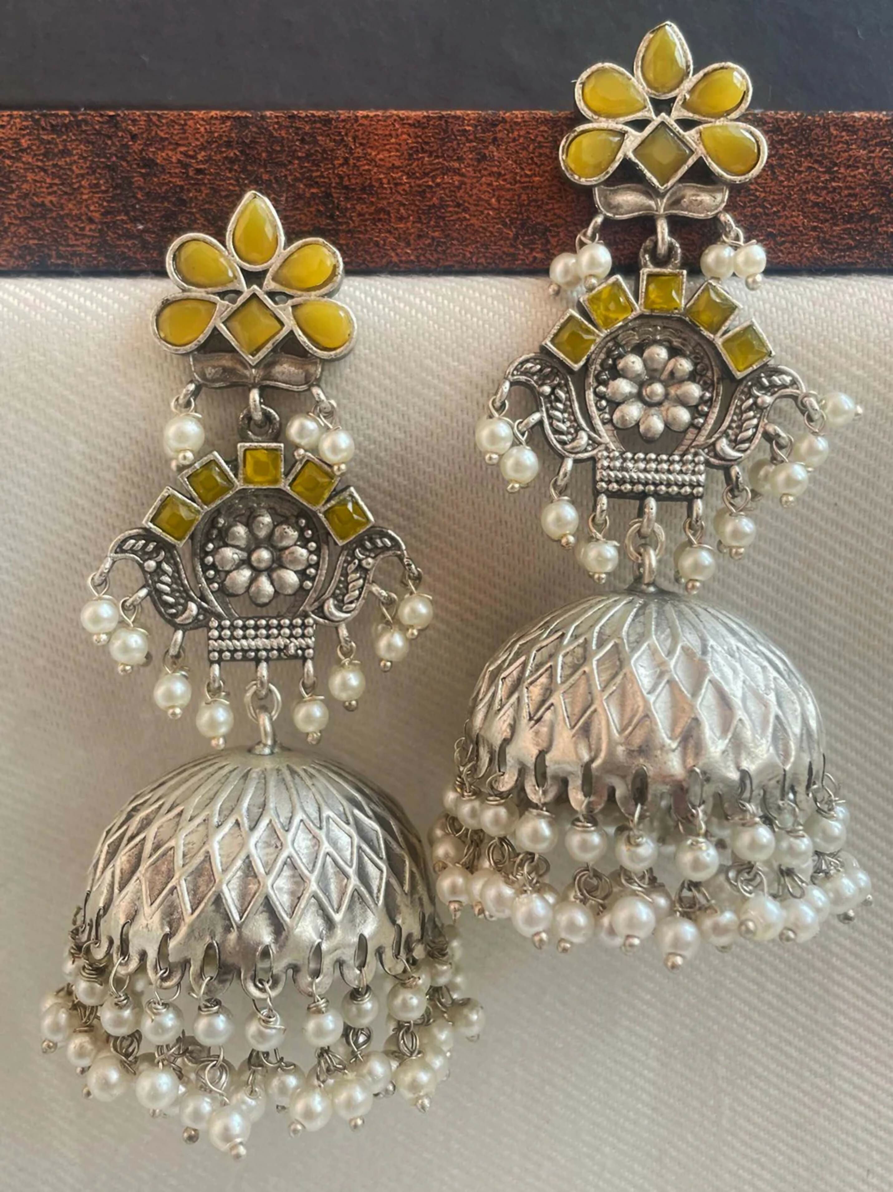 Joban Fashion Women Yellow Silver Replica Heavy Traditional Party Wear Earring