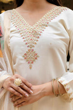 Thumbnail for The52 White Women's Beautiful Viscose Chanderi Fabric Embroidered Work Straight Kurta Pant and Dupatta Set - Distacart