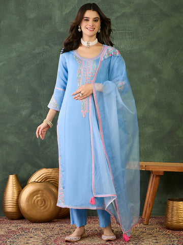 The52 Women's Gorgeous Embroidery Work Viscose Silk Fabric Straight Kurta Pant and Dupatta Set-Sky - Dista