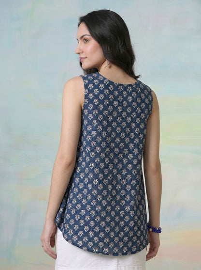 Janasya Teal A-Line Cotton Top - Dista