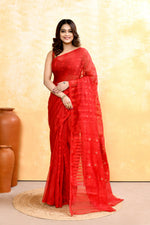Thumbnail for Piyari Fashion Women's Red Embellished Cotton Blend Jamdani Saree - Distacart