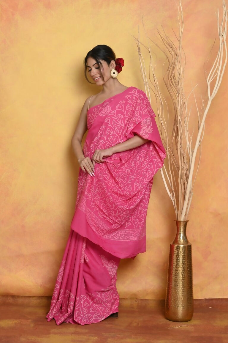Very Much Indian Handblock Printed Cotton Saree With Natural Dyes - Pink - Distacart