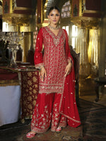 Thumbnail for Aarshi Fashions Red Chinon Silk Full Stitched Wedding Suits