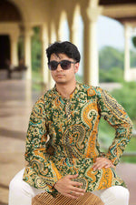 Thumbnail for Souchii Men Green & Mustard Pure Cotton Paisley Printed Straight Kurta