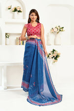 Thumbnail for Joban Fashion Navy Blue Kalamkari & Ajrakh Linen Ready To Wear Saree With Unstitched Blouse - Distacart