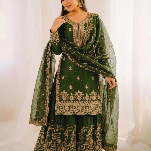 Teeya Creation Green Color Gymmi Silk Embroidery Work Wedding Wear Sharara Set - Distacart