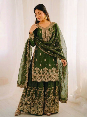 Teeya Creation Green Color Gymmi Silk Embroidery Work Wedding Wear Sharara Set - Distacart