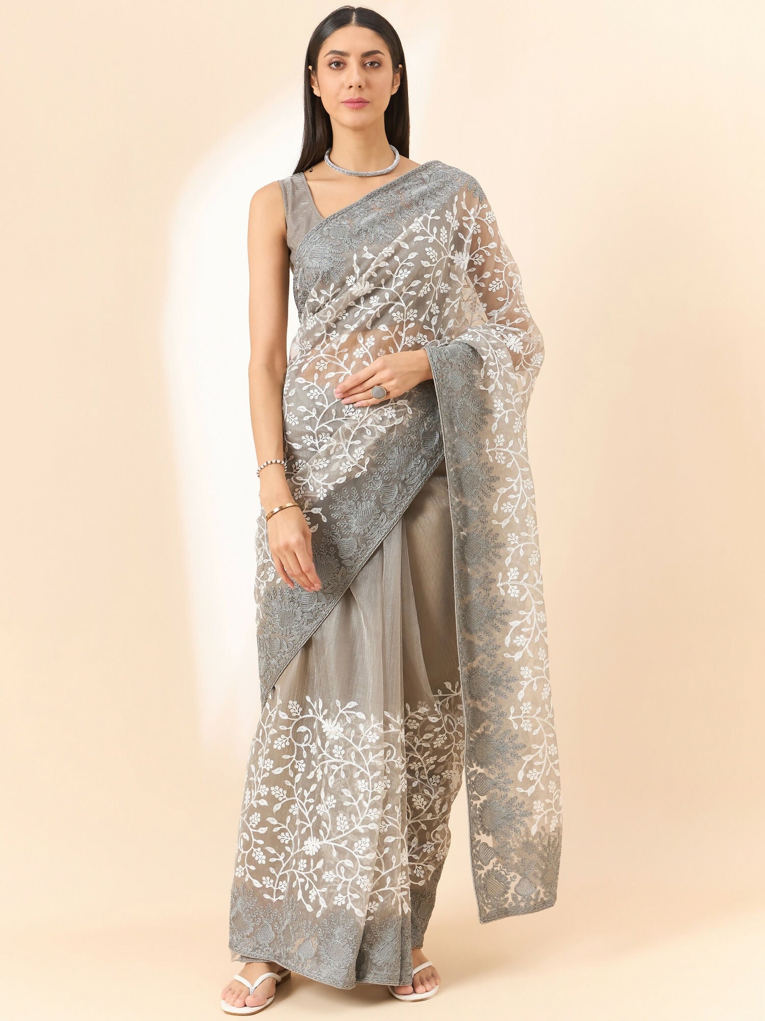 Grey Organza Floral Embroidered Saree with Unstitched Blouse Piece - Roozal - Distacart