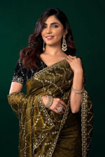 Thumbnail for Joban Fashion Mehandi Green Net Party Wear Sarees - Distacart