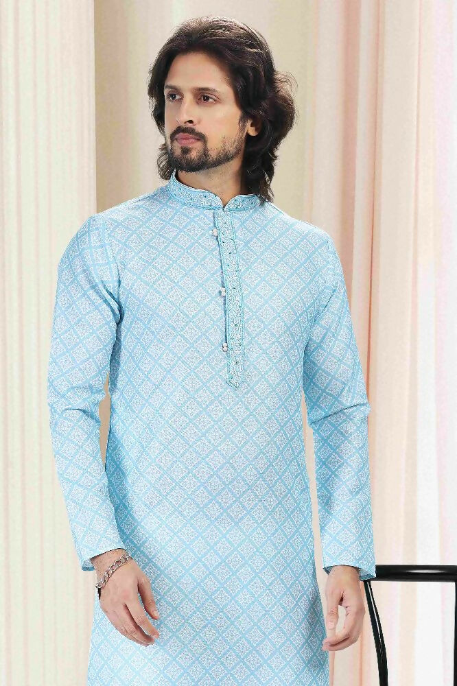 Raivat Ethnic Cotton Thread Work Kurta Pajama In Sky Blue Colour - Dista