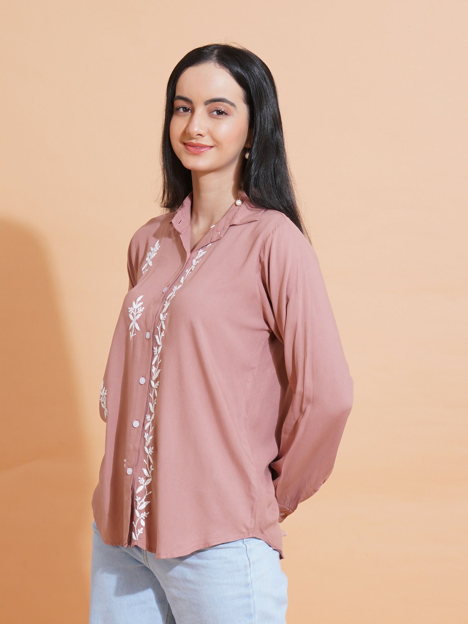 Pahnaz Modal Chikankari Handwork Shirt-Brown - Dista