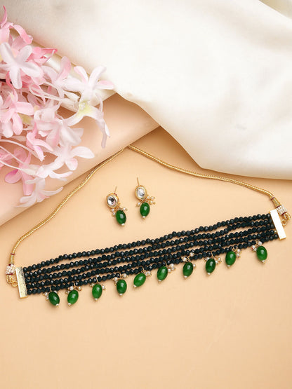 NVR Women's Green Artificial Beads Layered Necklace with Drop Earring - Distacart