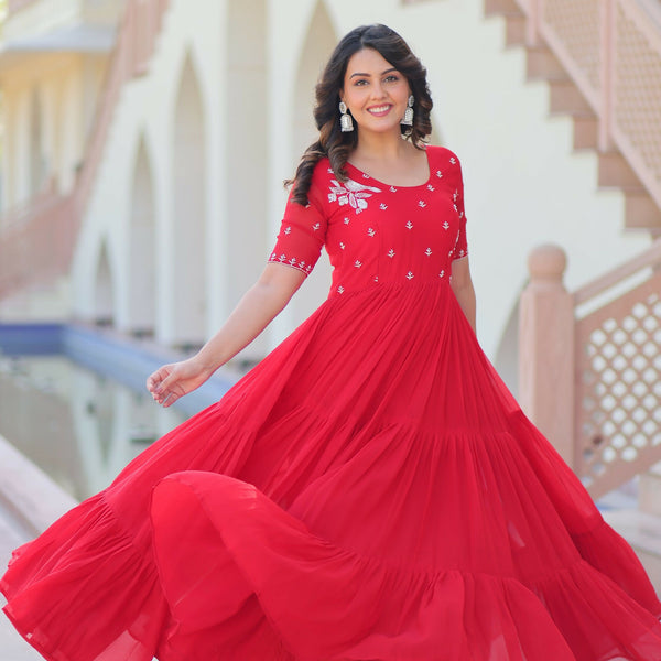 Joban Fashion Red Georgette Sequence Embroidery Work Gown - Distacart