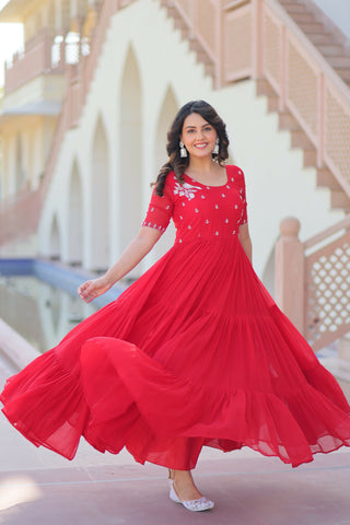 Joban Fashion Red Georgette Sequence Embroidery Work Gown