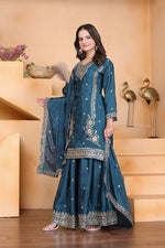 Thumbnail for Joban Fashion Teal Crepe Embroidered Sharara Set - Distacart