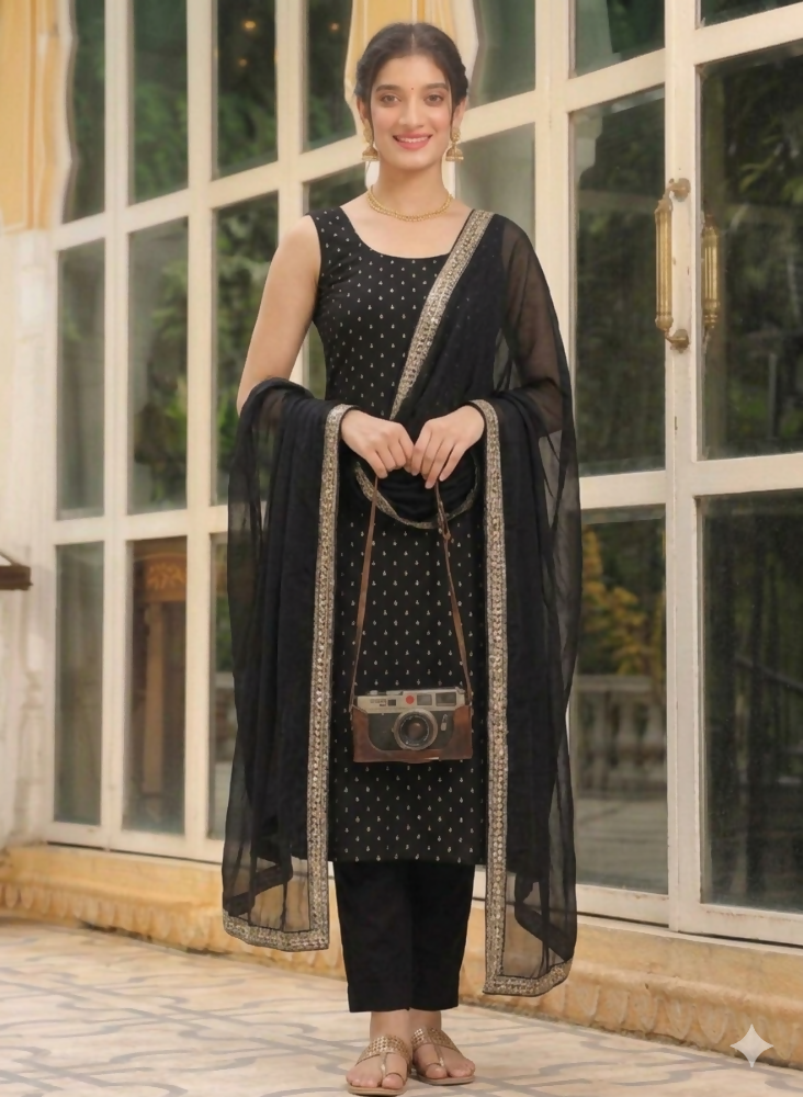 Teeya Creation Womens New Elegant Black Embroidered Kurti with Matching Bottom Set - Dista