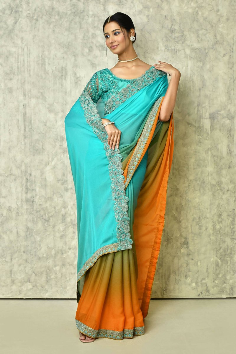Aqua Blue Silk Plain Saree with Blouse Piece - Purvi - Distacart