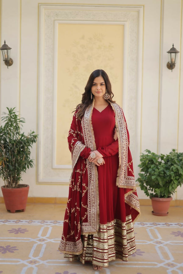 Jyoti Fashion Women's Maroon Faux Blooming Sequins Zari Embroideredy Anarkali Dress with Dupatta - Distacart