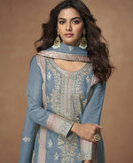 Thumbnail for Anaita Sky-Blue Chinon Readymade Palazzo Suit with Embroidery Sequence Work - Distacart