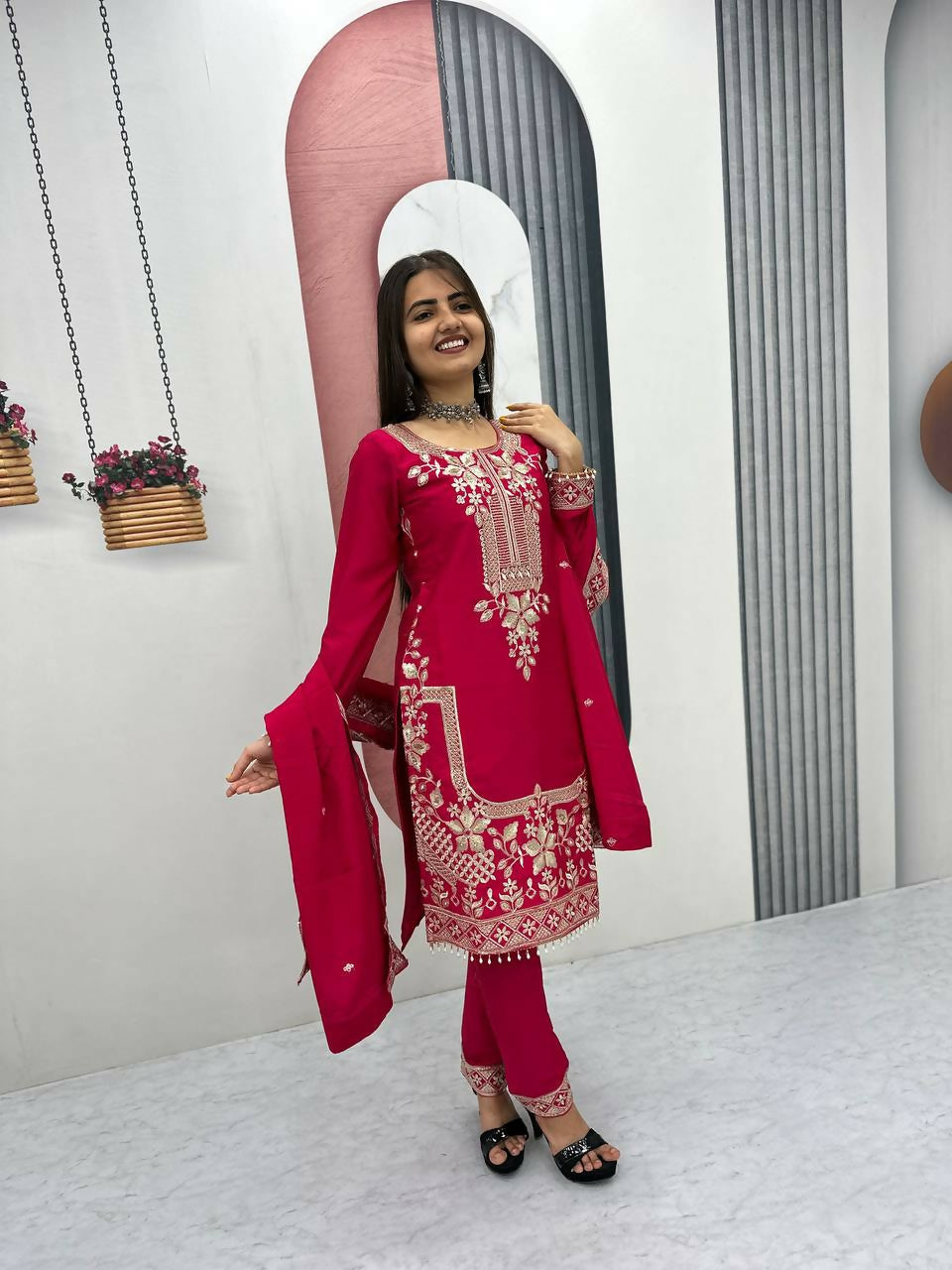 Teeya Creation Womens New Wedding Wear Heavy Embroidery Thread Work Kurta Set - Dista