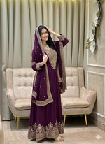Thumbnail for Teeya Creation Wine Color Faux Georgette Embroidery Work Long Party Wear Gown - Distacart