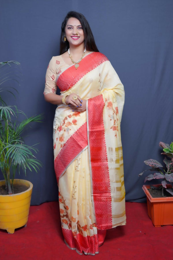 Jyoti Fashion Women's Red Linen Silk Digital Print with Jacquard Woven Border Saree with Blouse - Distacart