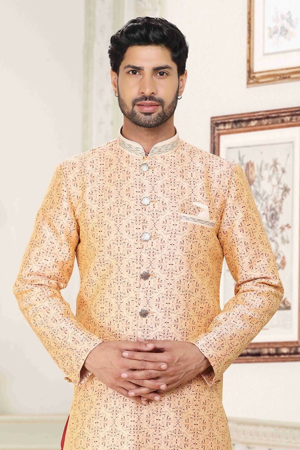 Raivat Ethnic Banarasi Jacquard Embroidery Semi Indo Western Sherwani In Cream Maroon Colour