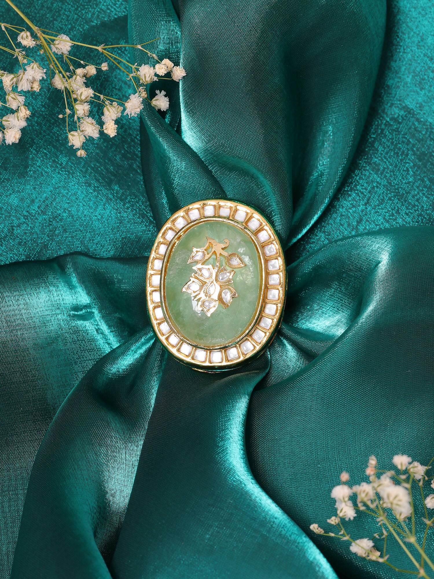 Ruby Raang Gold Polished Green Kundan And Stone Ring