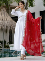 Thumbnail for The52 White Women's Gorgeous Embroidered Chanderi Fabric Straight Kurta, Pant and Dupatta Set - Distacart