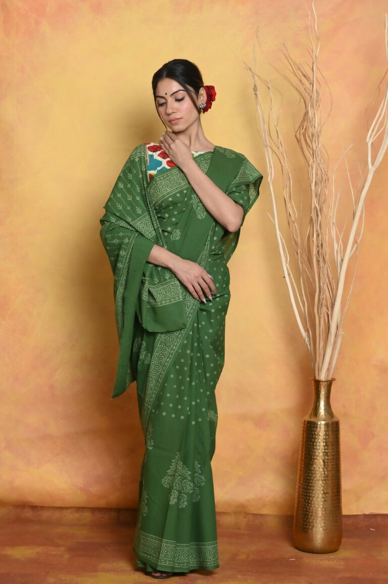 Very Much Indian Handblock Printed Cotton Saree With Natural Dyes - Green - Distacart